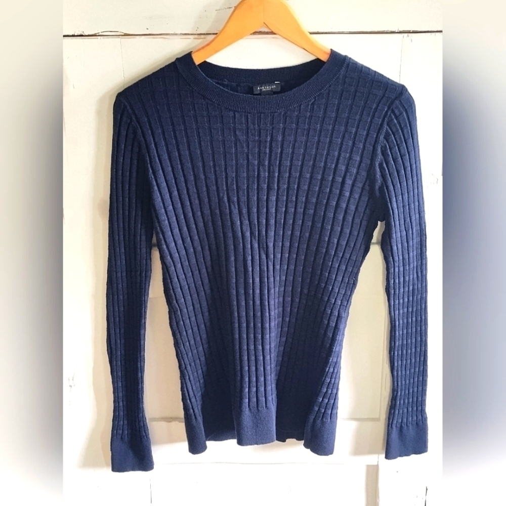 Ann Taylor Factory Women's Navy Waffle Knit Pullover Crewneck Sweater | Lg